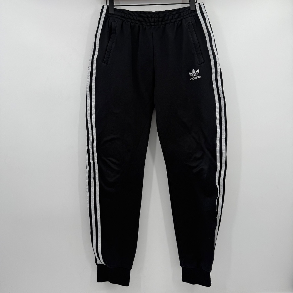 Adidas Jogger Youth XL Black Pants Elastic Drawstring White Stripes Athletic